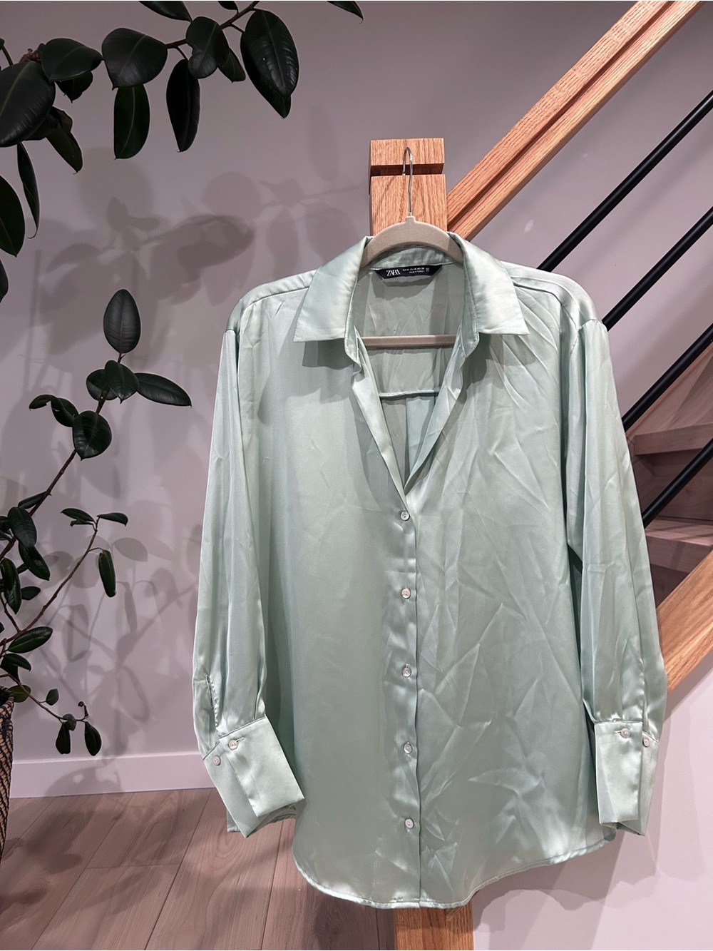 Zara Women’s Long Sleeve Sage Green Satin Button-Down Shirt